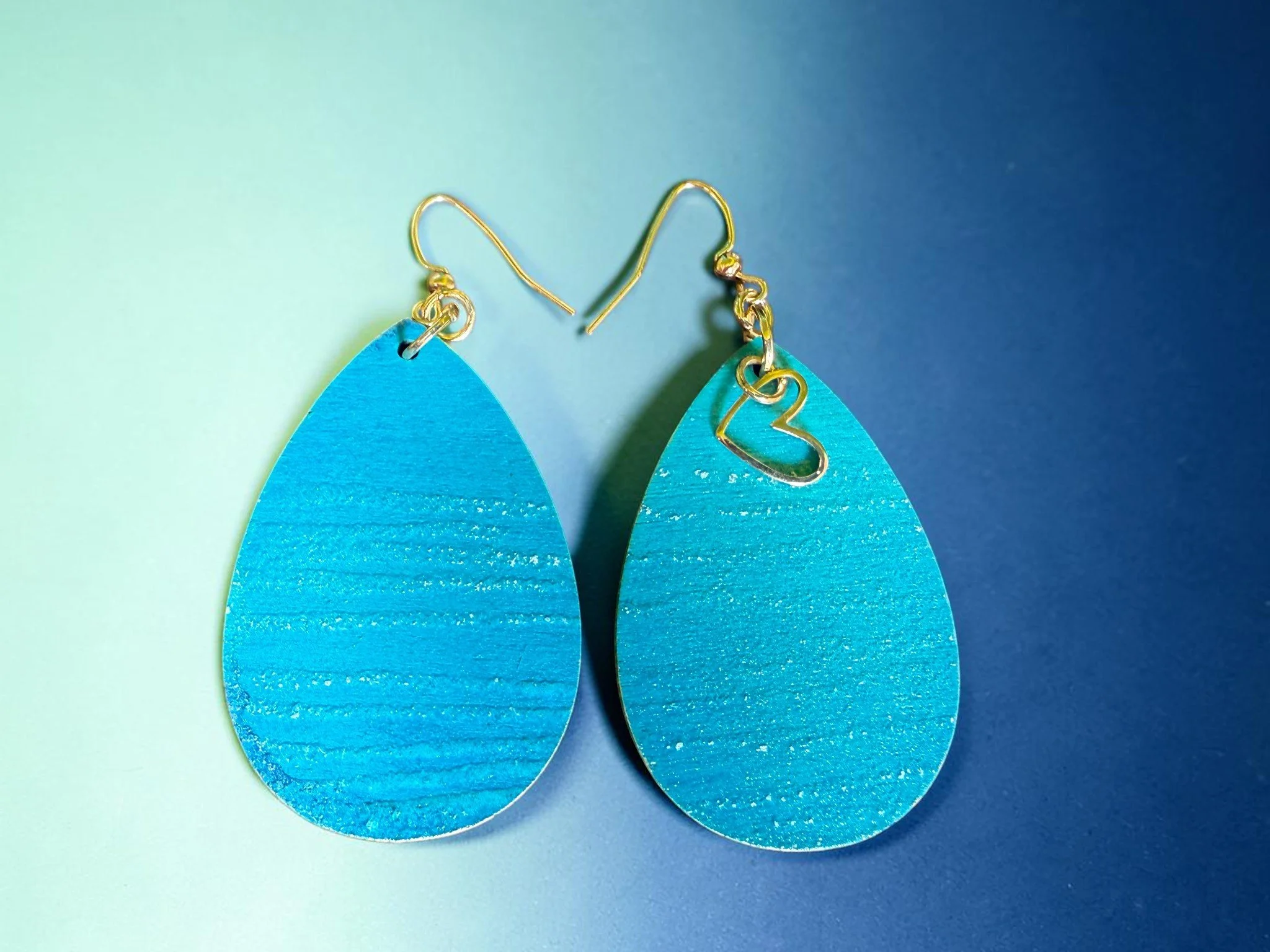 Aqua Heart of Gold Embossed Teardrop Earrings by Color Cult