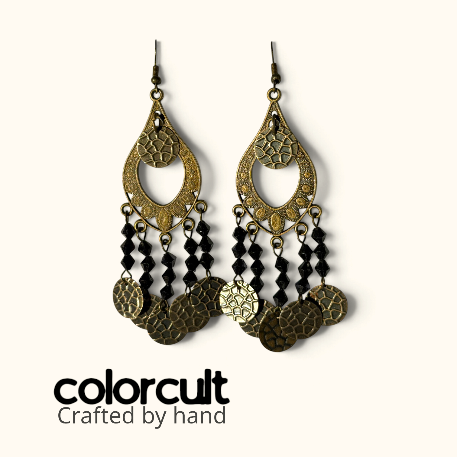 Onyx Crystal & Hammered Coin Chandelier Earrings