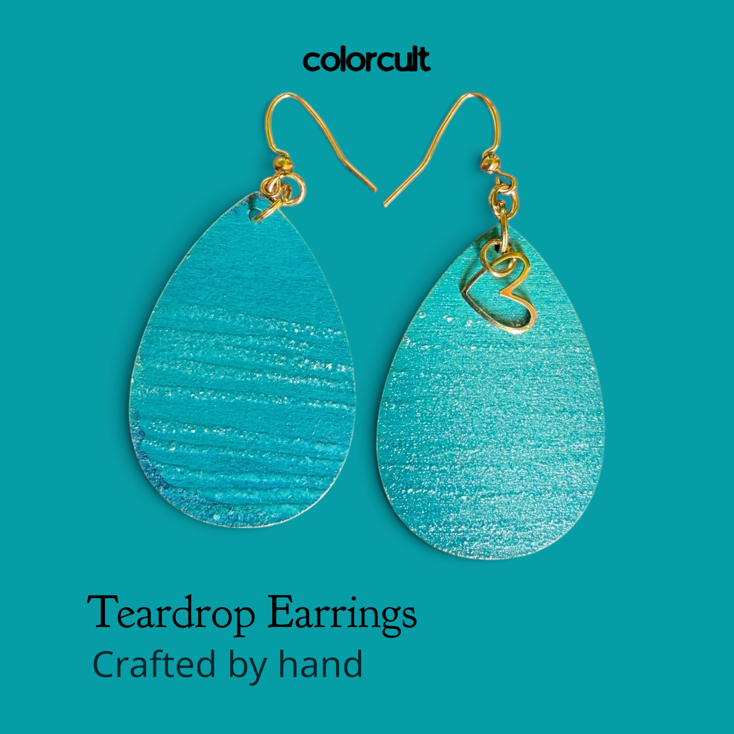 Aqua Heart of Gold Embossed Teardrop Earrings