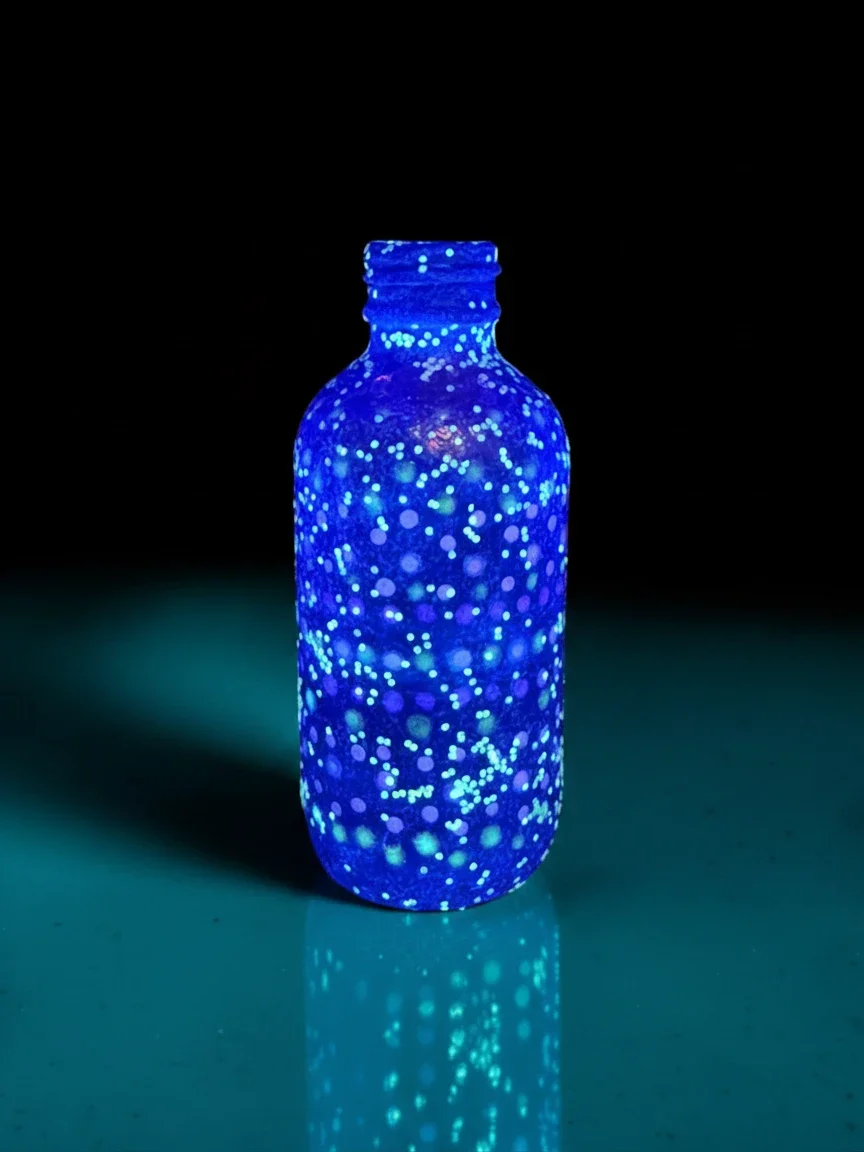 A glass bottle glowing with blue and purple colors, decorated with numerous small luminous dots, placed on a reflective surface against a dark background.