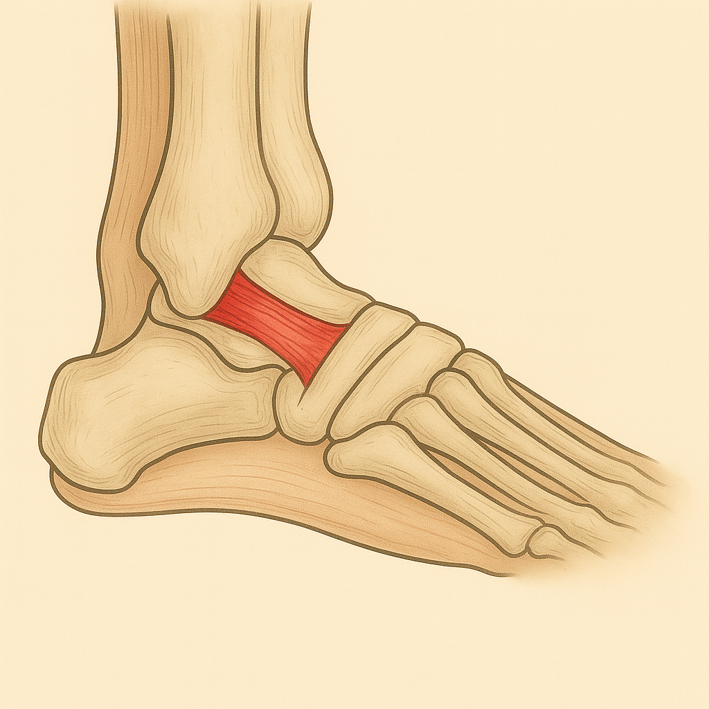Illustration of the back and side of an ankle with a red ligament highlighted inside the ankle joint.
