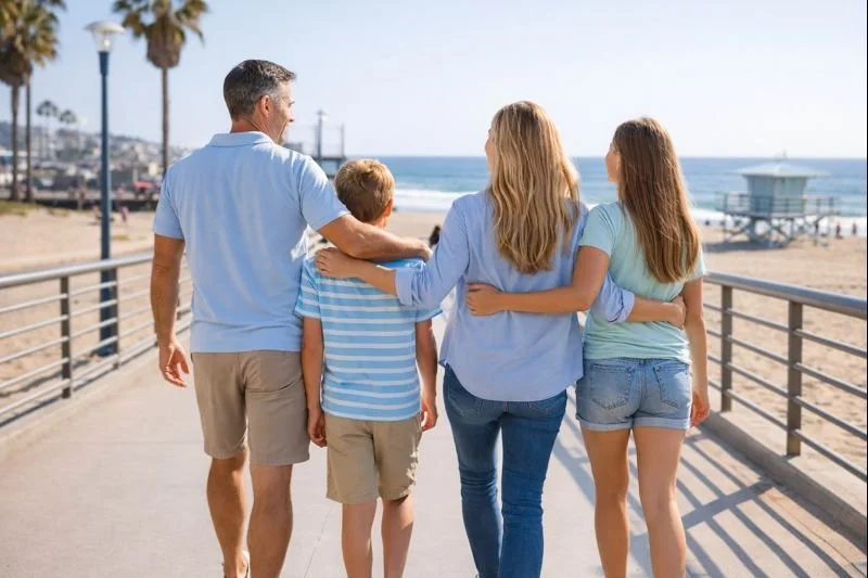Family of all ages walking together on the beach representing comprehensive foot and ankle care for patients of all ages in Fontana, CA.