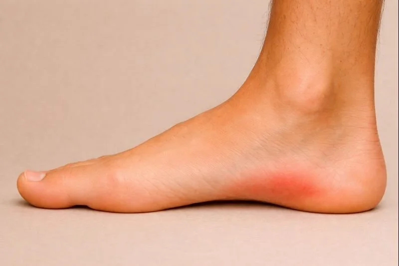Heel pain from plantar fasciitis on the bottom of the foot.
