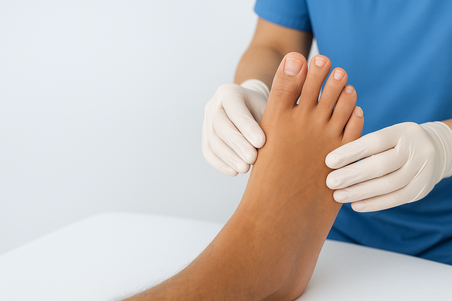 Medical professional in blue scrubs and white gloves examining a patient's arm by applying pressure with their hands.