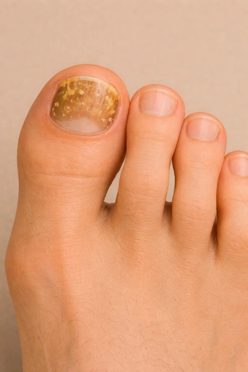 Toenail fungus (onychomycosis) with thickened, discolored toenail treated by a podiatrist in Fontana, CA.