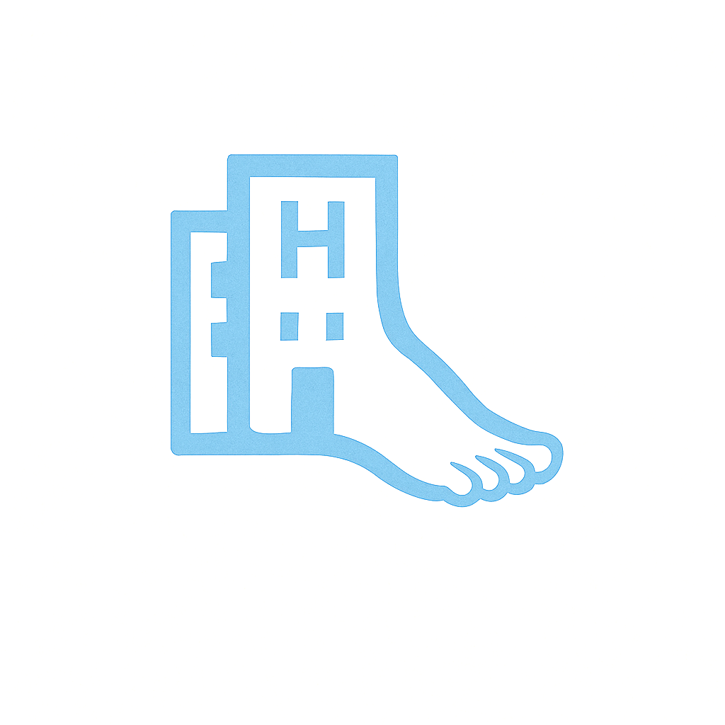 An illustration combining a hospital building and a foot, suggesting healthcare or podiatry services.