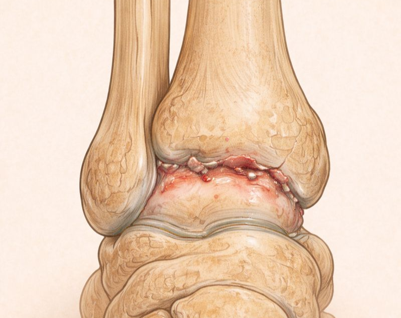 Ankle osteoarthritis with cartilage degeneration and joint inflammation.