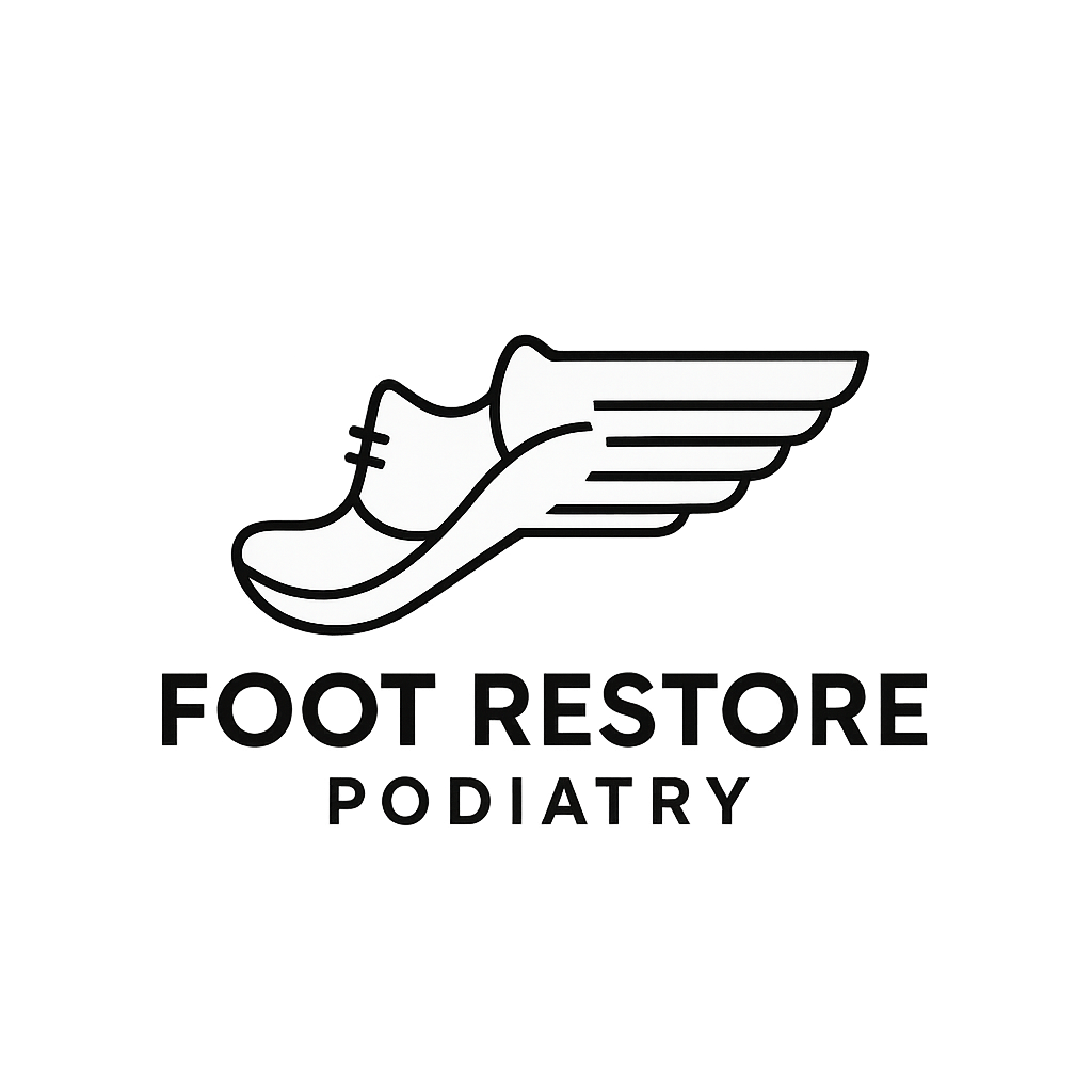 Logo for Foot Restore Podiatry featuring a stylized shoe with winged elements and the business name written below.
