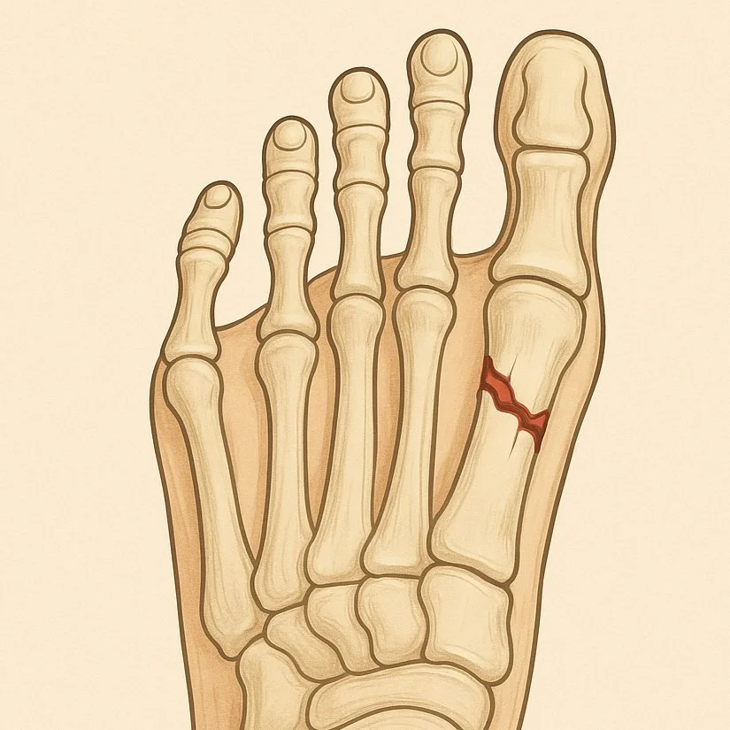 Illustration of a human hand skeleton with a cracked middle finger bone.