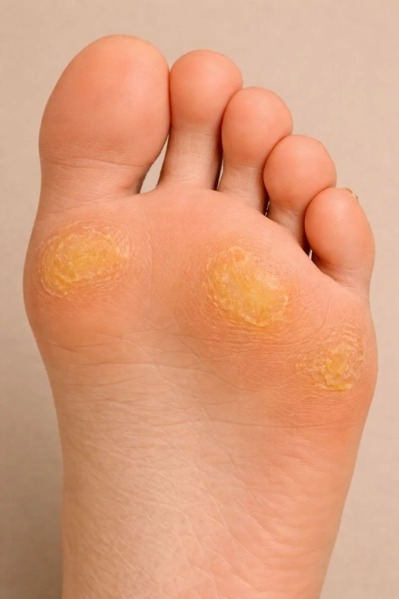 Thickened foot calluses caused by pressure and friction