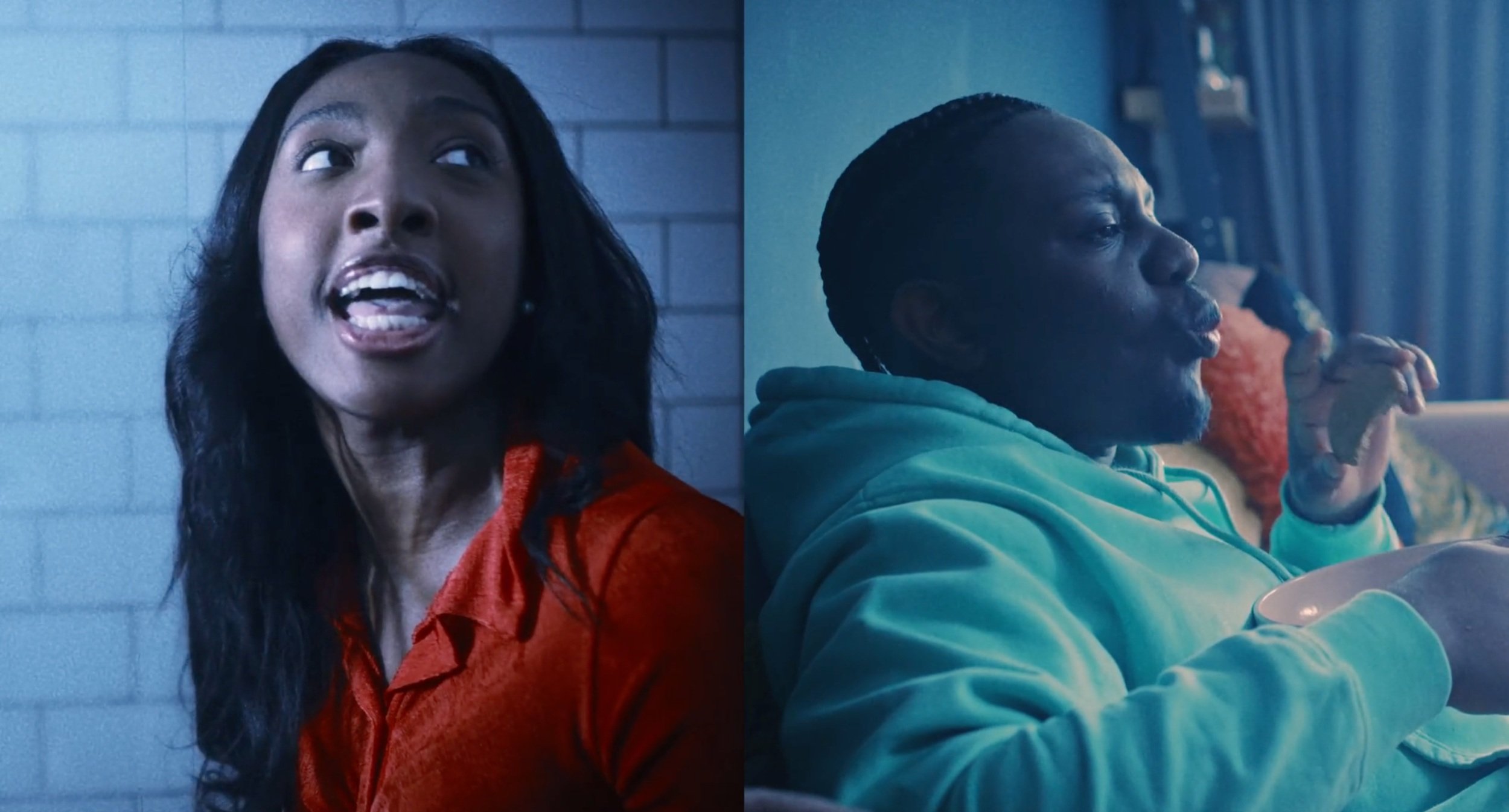Split-screen image of a woman on the left speaking and a man on the right eating, both in indoor settings with cool-toned lighting.