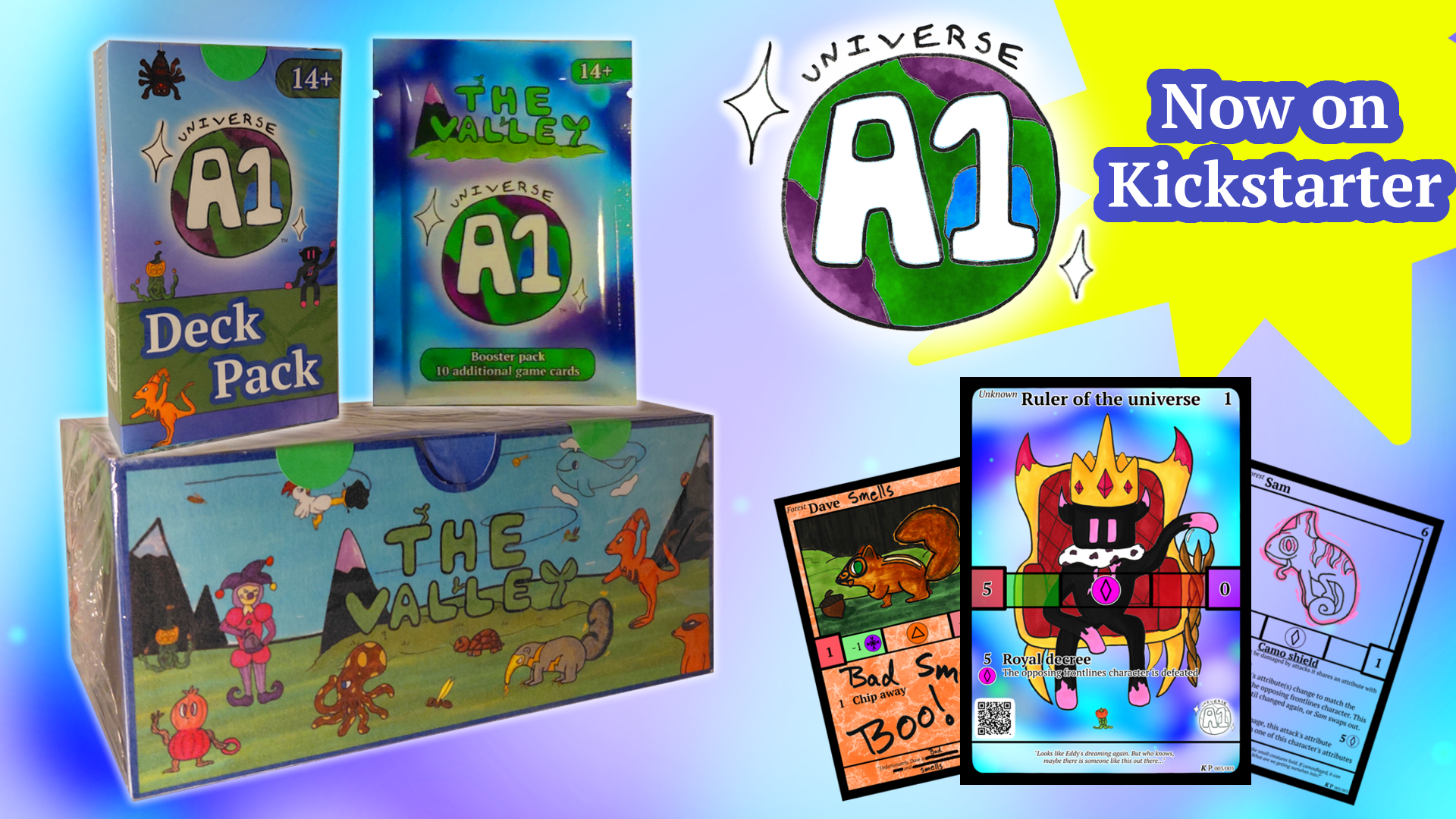 Image of card and board game products from the universe A1 on Kickstarter, including card packs, booster packs, and illustrated game cards with colorful and fantasy-themed artwork.