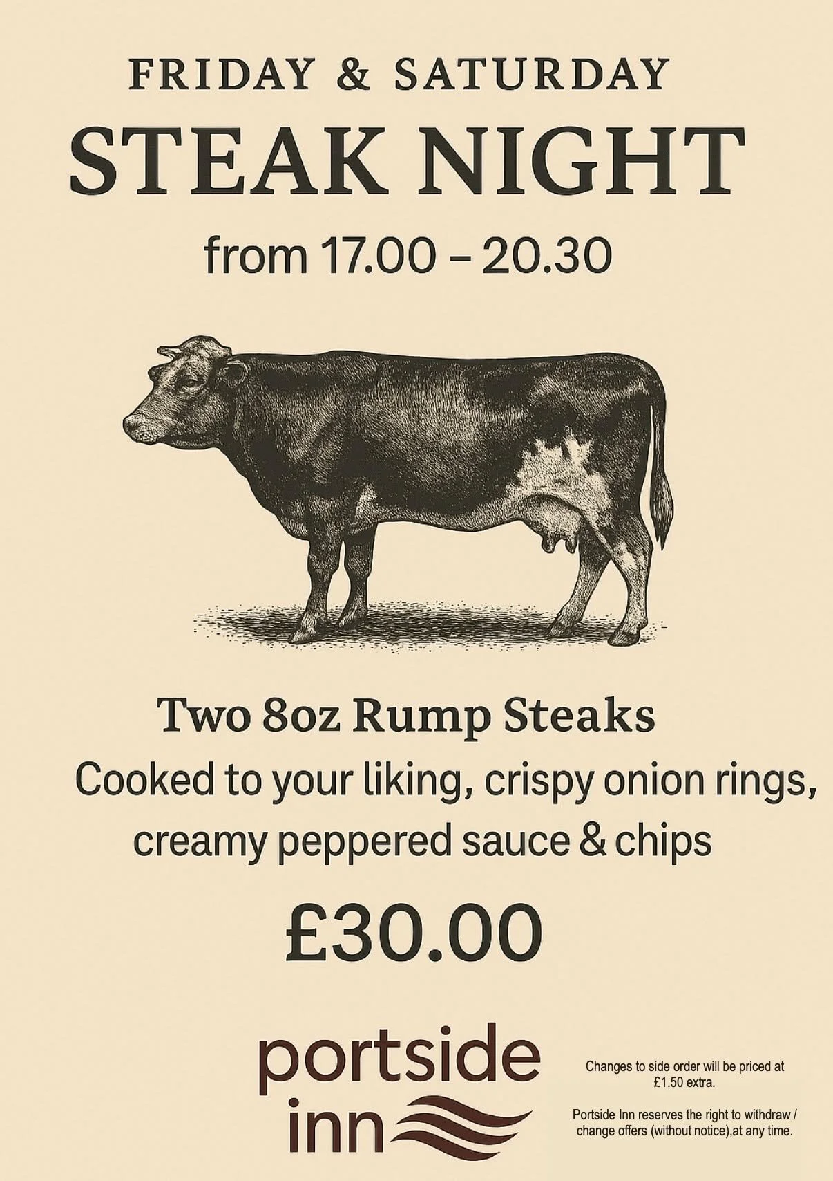 🥩 STEAK NIGHT 🥩
Friday &amp; Saturday | 5pm &ndash; 8.30pm

Two 8oz rump steaks, onion rings, creamy peppered sauce &amp; chips &mdash; all for &pound;30.
Perfect for date night&hellip; or just an excuse not to cook 😏
And let&rsquo;s be honest &md