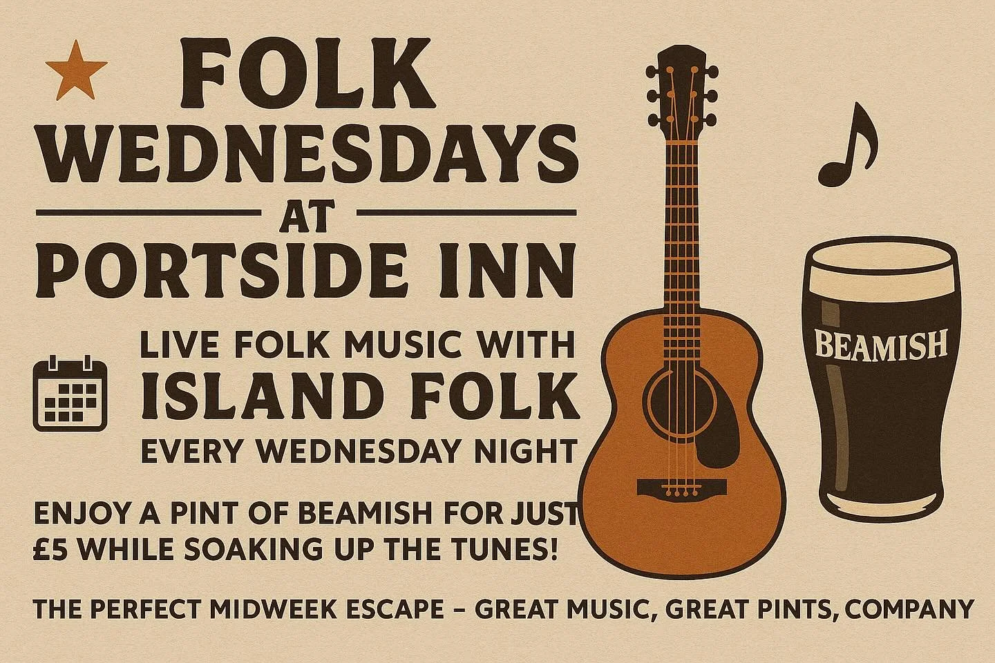 🎶✨ Folk Wednesdays at Portside Inn! ✨🎶
Join us every Wednesday night from 8&ndash;10 PM for live folk music with Island Folk! 🎸🍻
Enjoy the warm tunes, cold pints, and great company.

🍺 Beamish just &pound;5 a pint
📍 Portside Inn
🕗 Wednesdays |