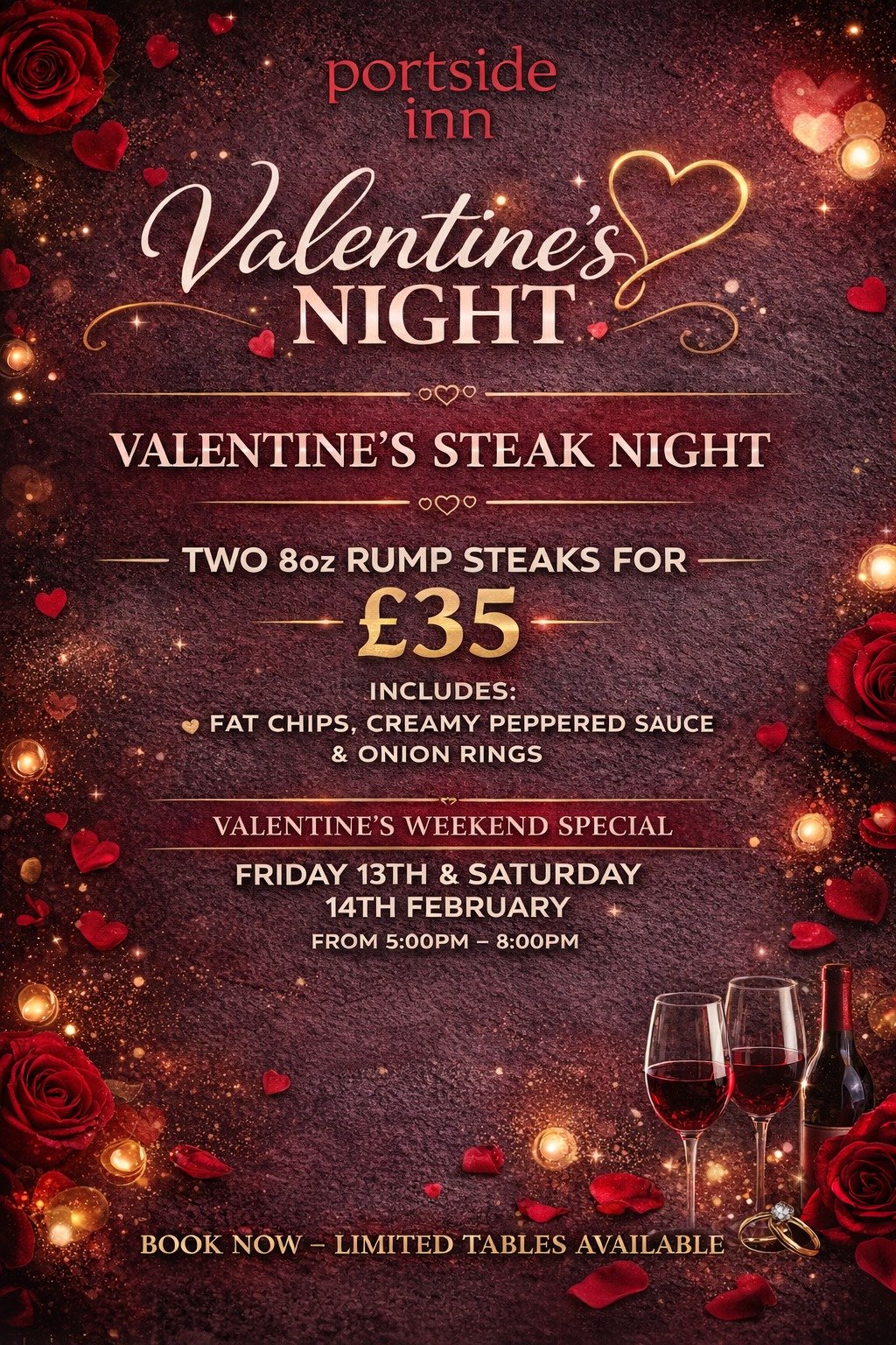 ❤️ VALENTINE&rsquo;S STEAK NIGHT ❤️

Treat your special someone this Valentine&rsquo;s 💘

 Two 8oz rump steaks for &pound;35
 Fat chips |  Creamy peppered sauce |  Onion rings

📅 Friday 13th &amp; Saturday 14th February
⏰ 5:00pm &ndash; 8:00pm

📞 