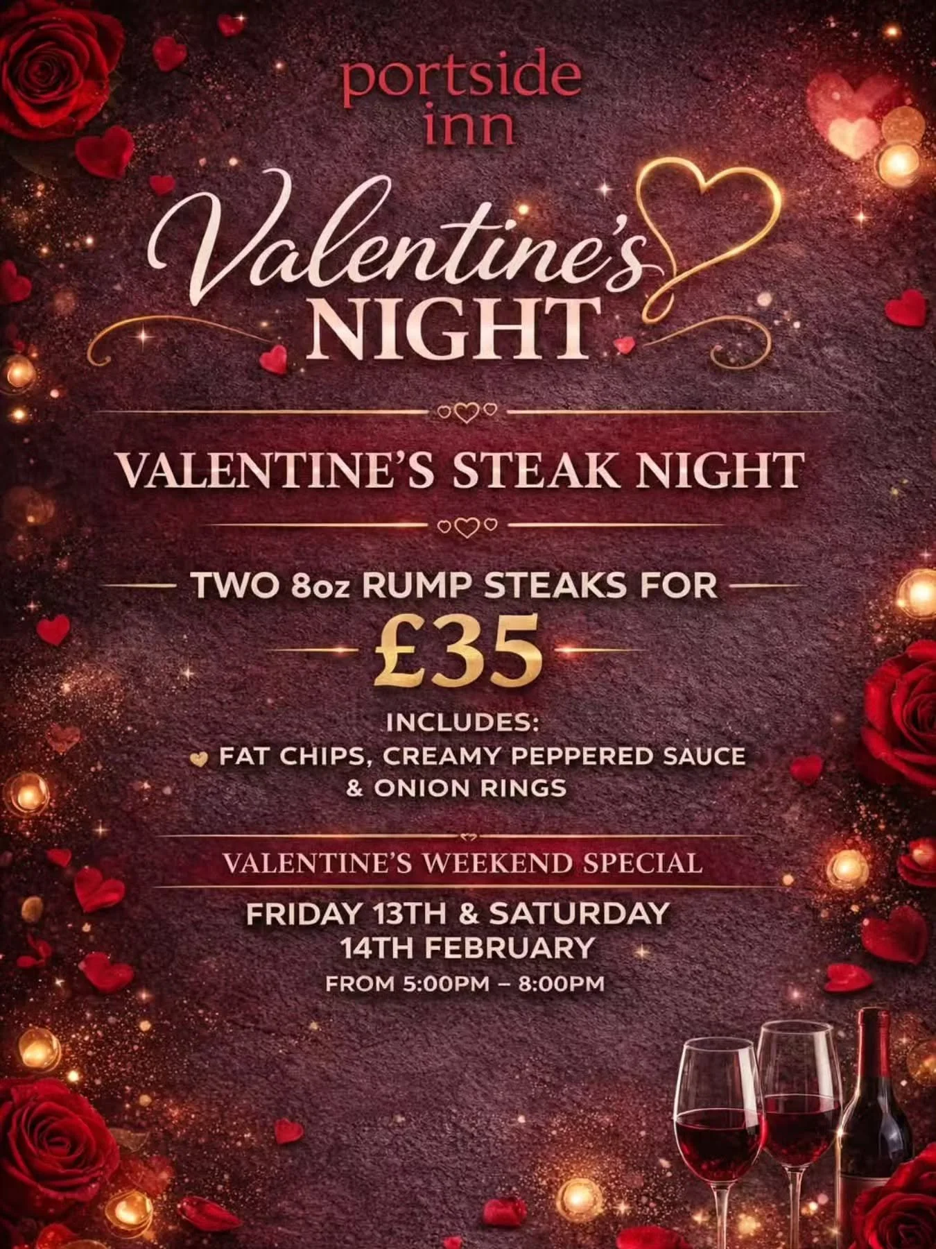 This Valentine&rsquo;s Day, don&rsquo;t say &ldquo;I love you&rdquo;&hellip;
say &ldquo;I booked us steak.&rdquo; 🥩💘
Tables are filling fast at Portside Inn&rsquo;s Valentine&rsquo;s Steak Night &mdash; book now before you&rsquo;re stuck with beans