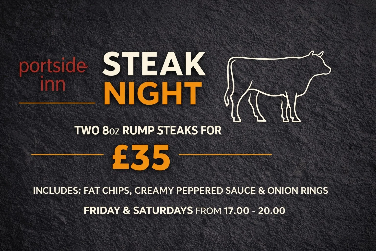🥩 STEAK NIGHT IS BACK! 🥩

Steak Night returns this Friday &amp; Saturday!

Enjoy two 8oz rump steaks for just &pound;35, served with fat chips, creamy peppercorn sauce &amp; onion rings &mdash; the perfect weekend treat 🍽️

🕔 Friday &amp; Saturda