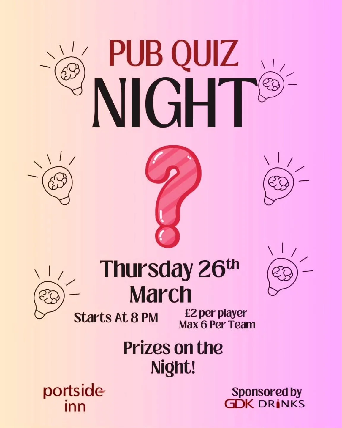 Our pub quiz returns this week!
Tag the team and get involved. 
All welcome - from the brainiacs to 'im just here for the beer', its always great fun!

Why not book in for dinner before the quiz starts? Www.portsideinn.uk/contact or phone 02890771422
