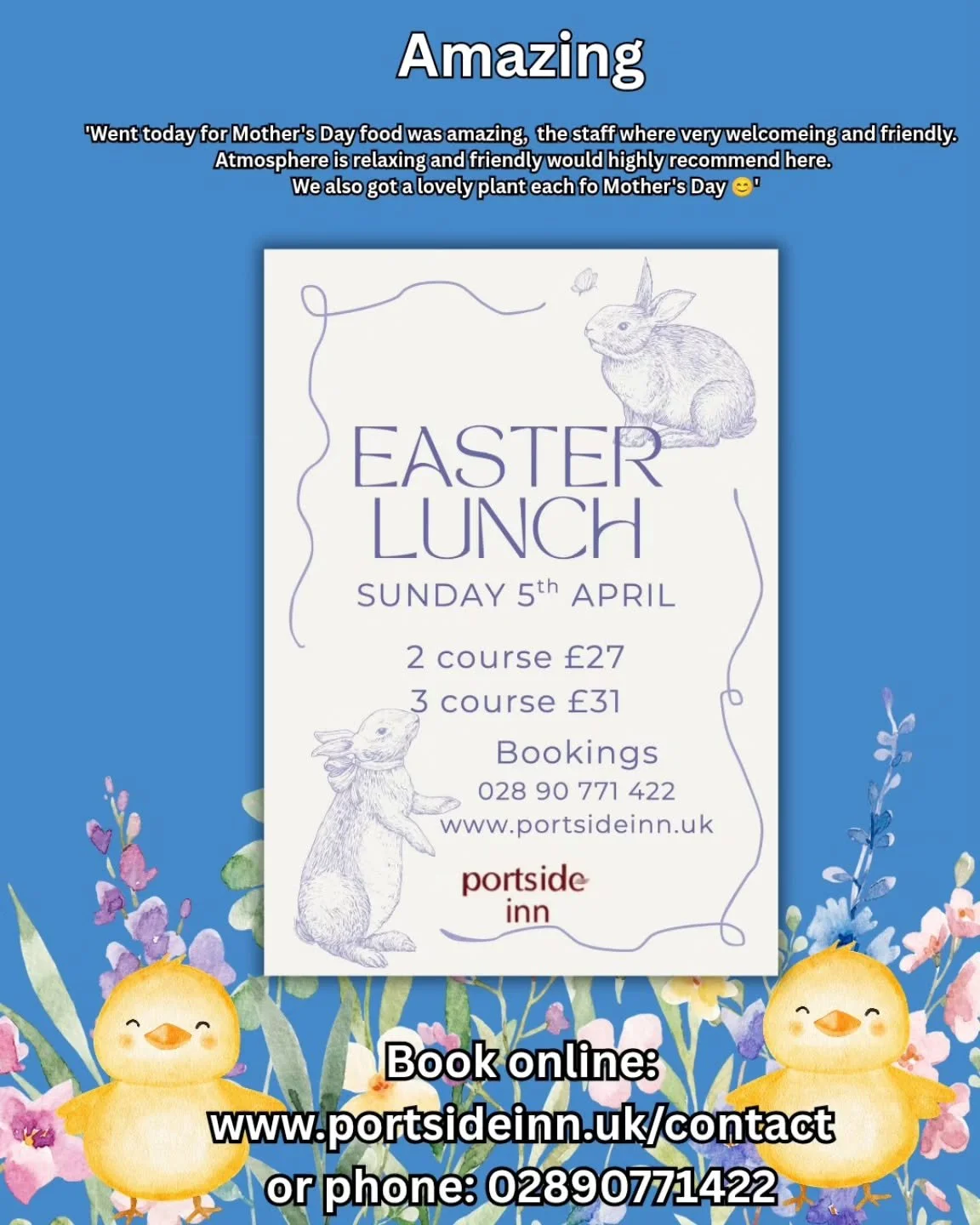 Easter Lunch? 
Join us on Sunday 5th April for Easter Lunch!
Taking bookings now!