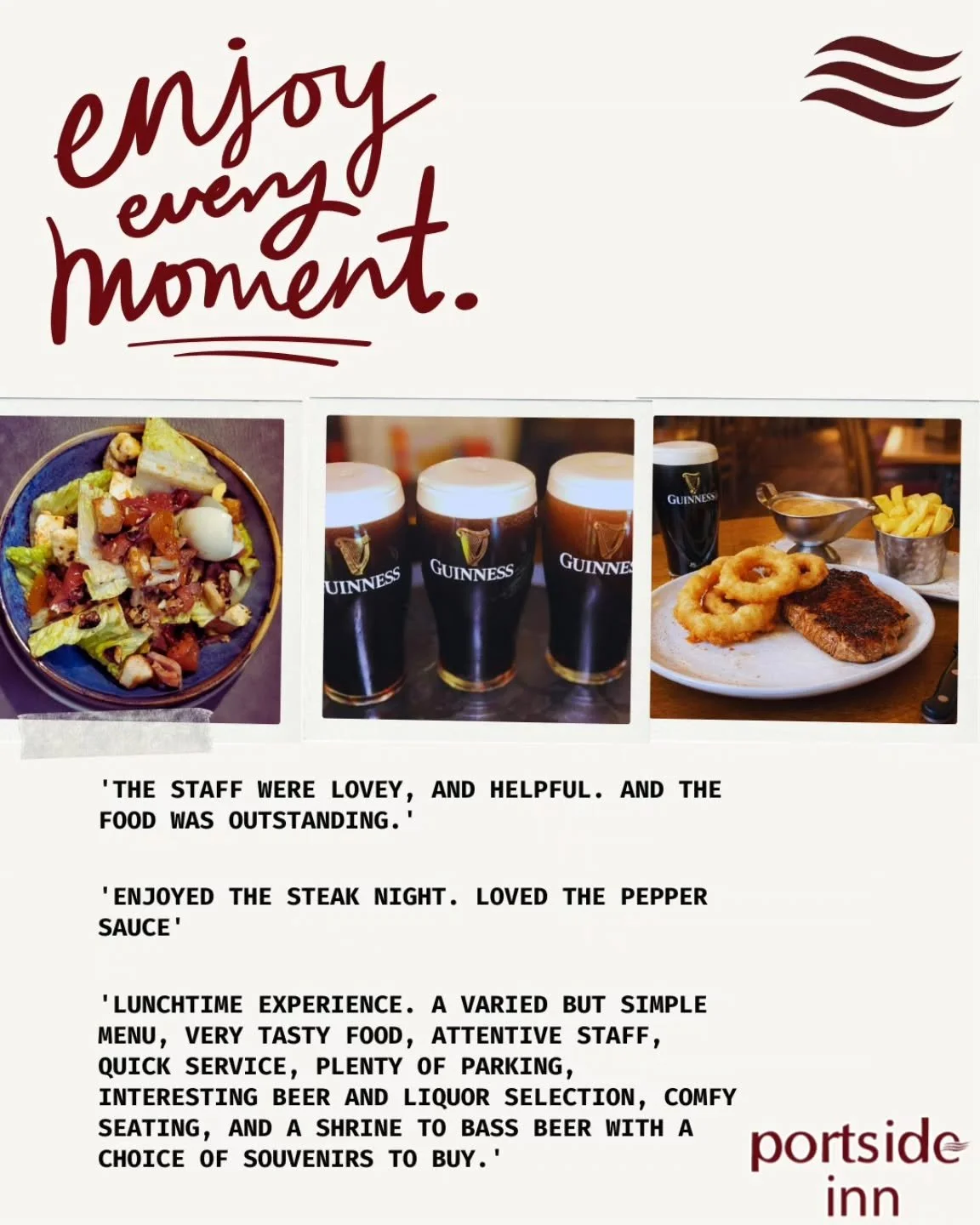 Not sure what to do today? 
Food served until 9pm.
Steak deal for two (&pound;35) from 5pm
Tasty local Beers
Dog friendly
Some random sport on the tele
Walkins welcome
Bookings: www.portsideinn.uk/contact or phone 02890771422