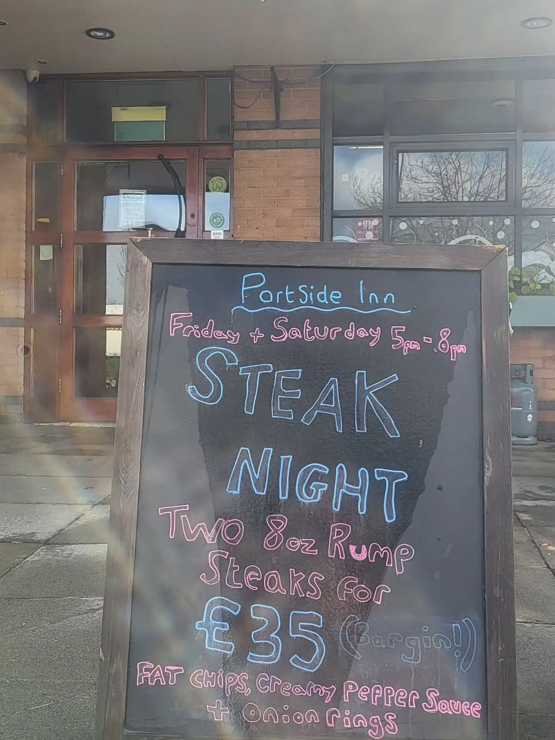 We can't get you a deal on your petrol but we can give you a great deal on 2 8oz Rump steaks and all the trimmings for &pound;35! 
It's a bargain (or bargin, matty must have been on the gin when writing it)!
Bookings: www.portsideinn.uk/contact or ph