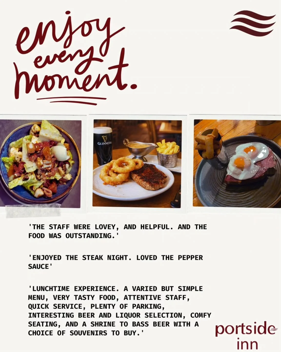 Open all day Saturday - pop in for food or drink!
STEAK DEAL FOR 2 &pound;35, tonight from 5pm!
Few spaces left for Easter Sunday. Bookings: 
Phone 02890771422 or www.portsideinn.uk/contact
Walkins Welcome