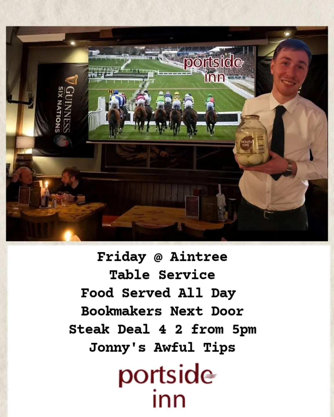 🏇✨ Work from the Portside today?

The Aintree Grand National Festival is on! ✨🏇

Join us tomorrow and today for one of the biggest racing events of the year &mdash; shown LIVE on all screens so you won&rsquo;t miss a moment!

🍔 Delicious food serv