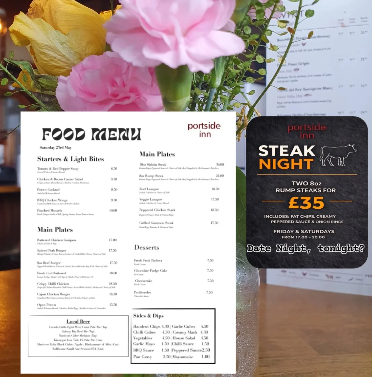 Mussels are back!
Steak Night for 2 from 5pm
Normally menu running  all day with some Portside Classics