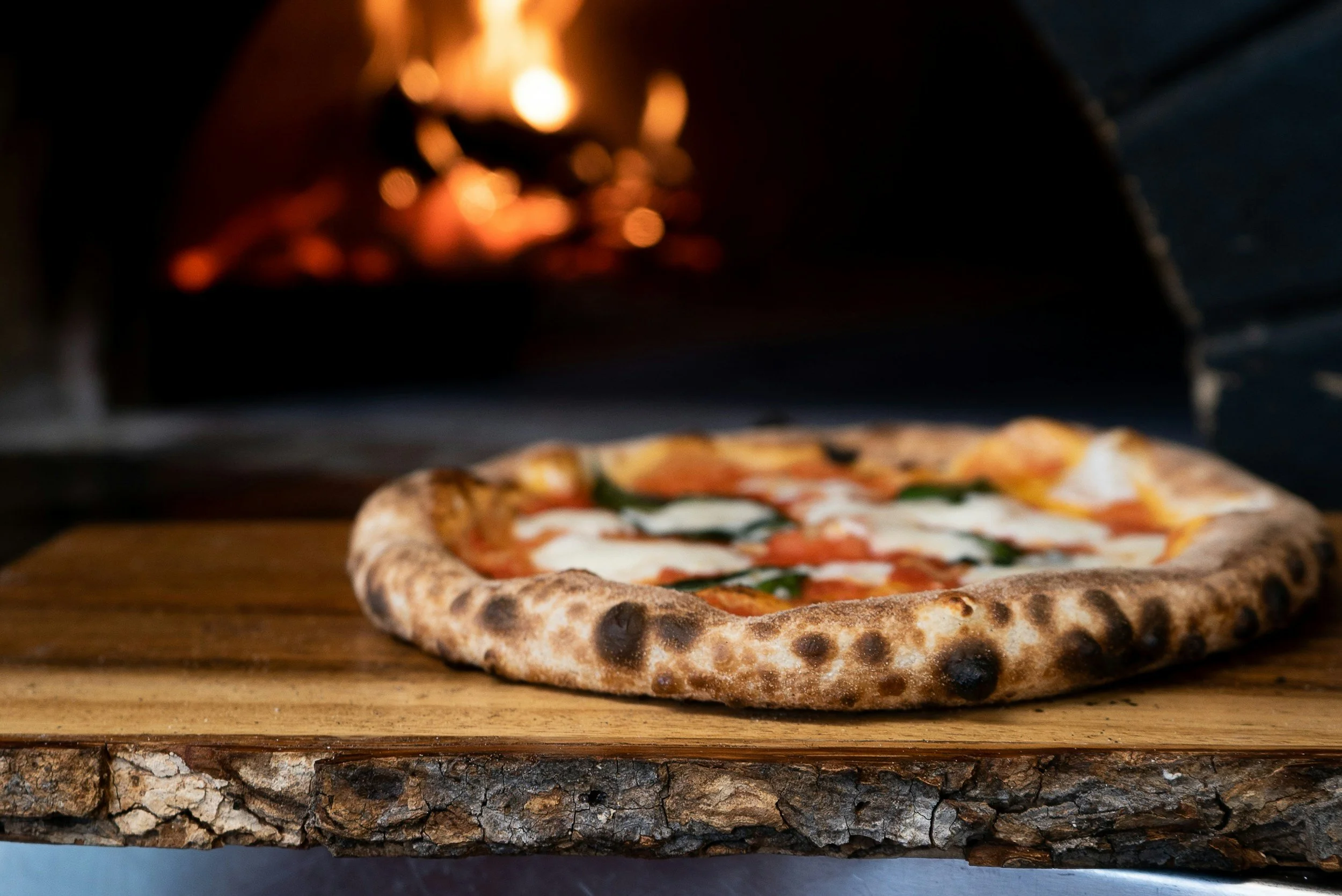 A close-up of a pizza with cheese, basil, and tomatoes baking in a wood-fired oven.