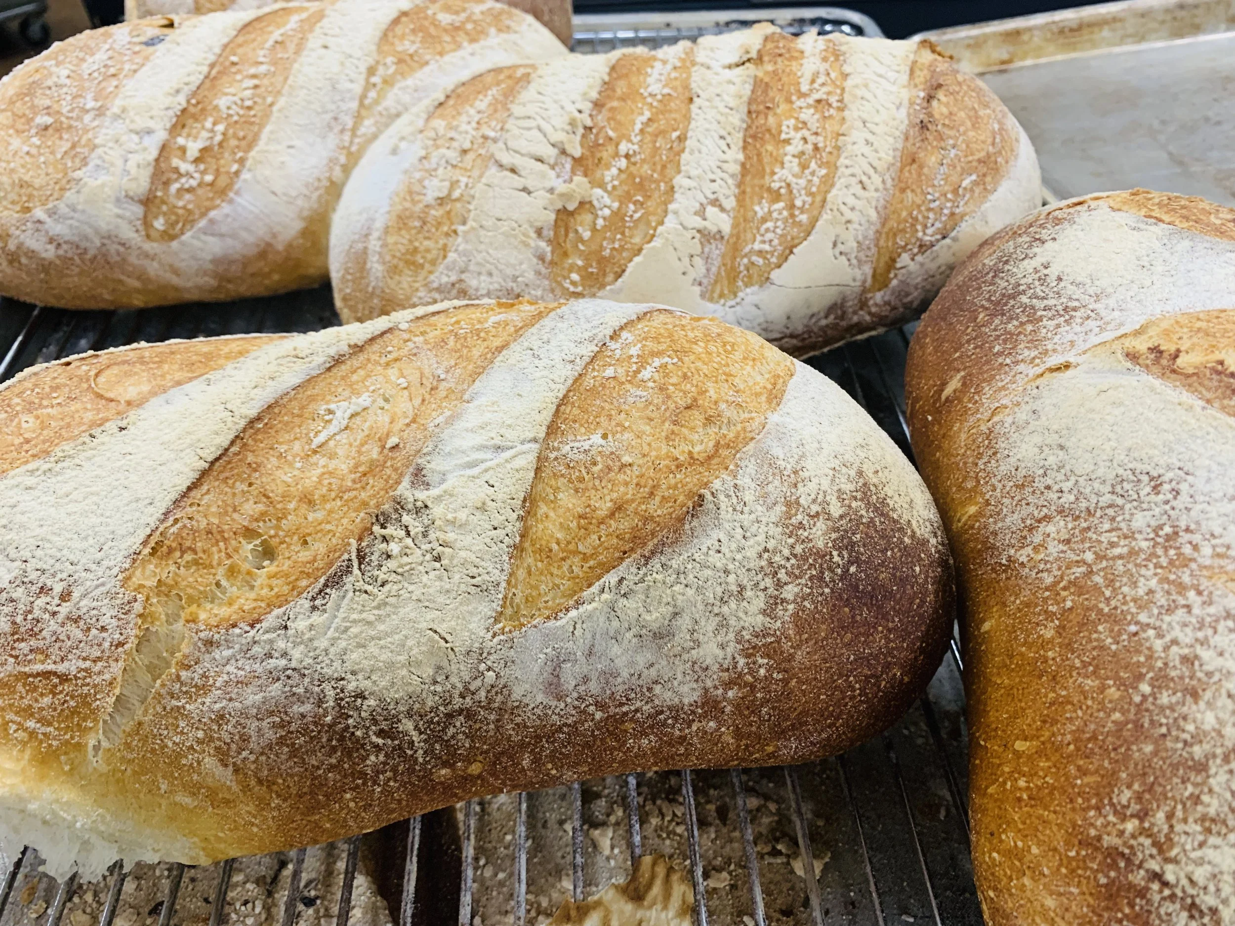 Freshly baked French baguettes dusted with flour on a cooling rack.