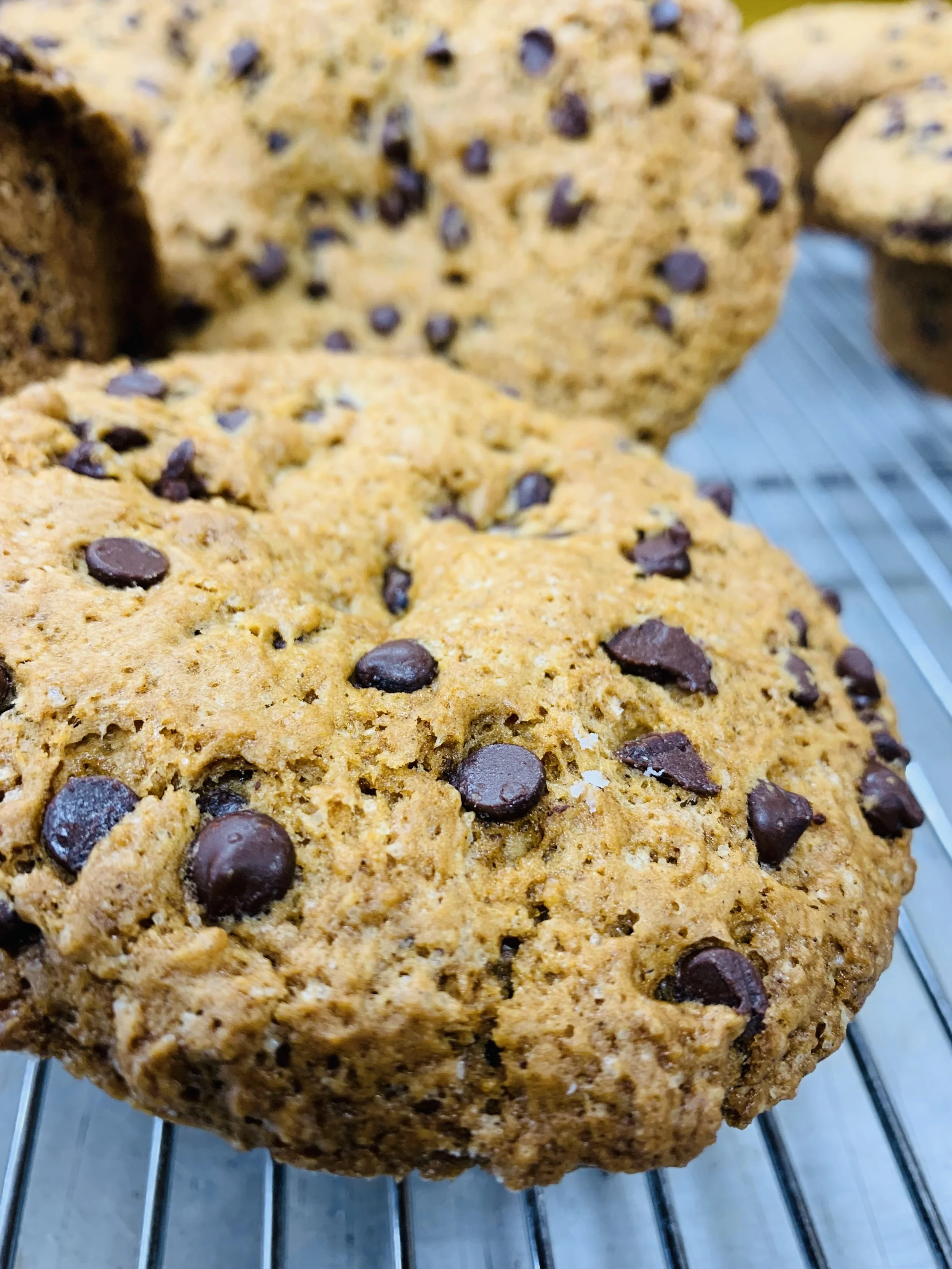 Close-up of three large chocolate chip cookies on a cooling rack.
