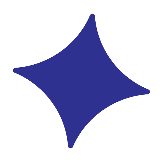 Blue four-pointed star shape with curved edges on a black background.