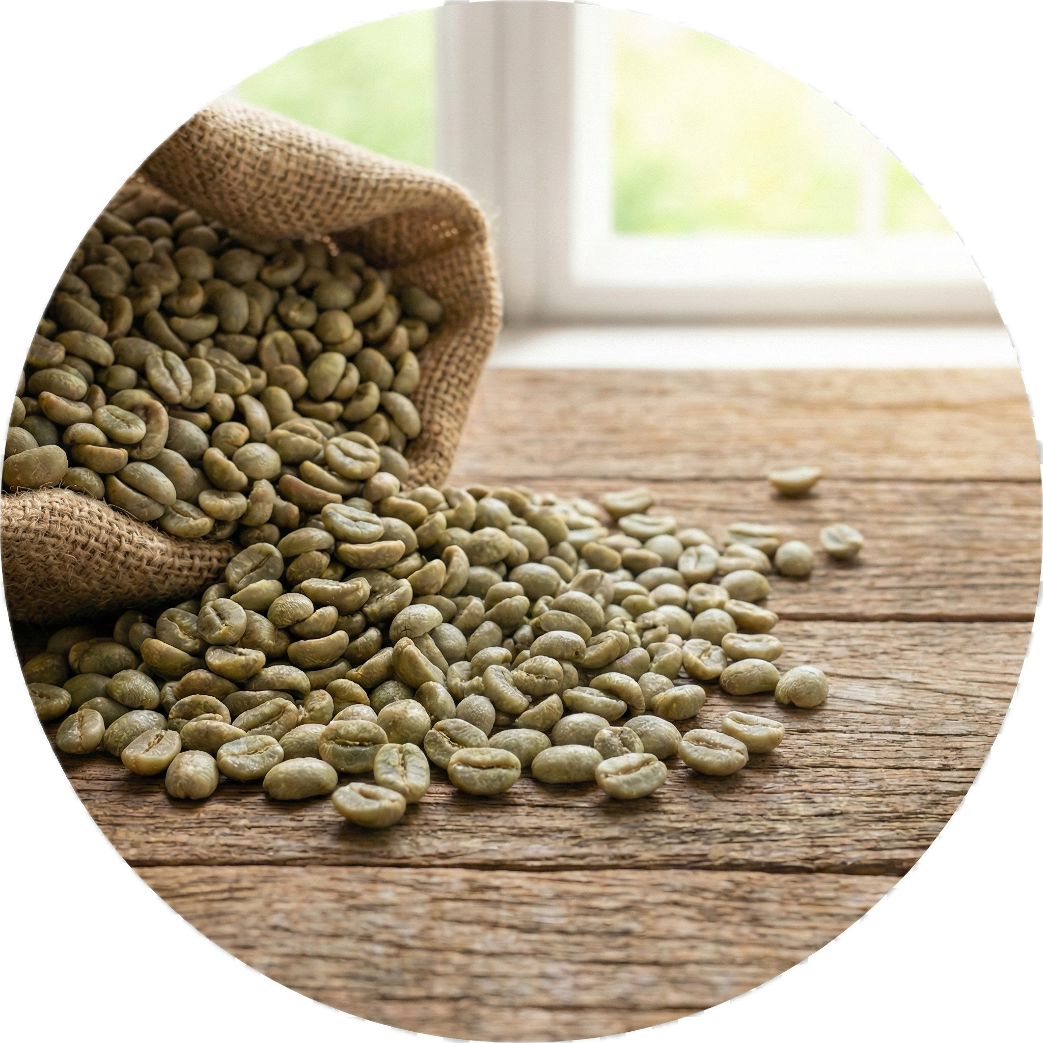 Un burlap sack spilled green coffee beans on a wooden table with a window in the background.