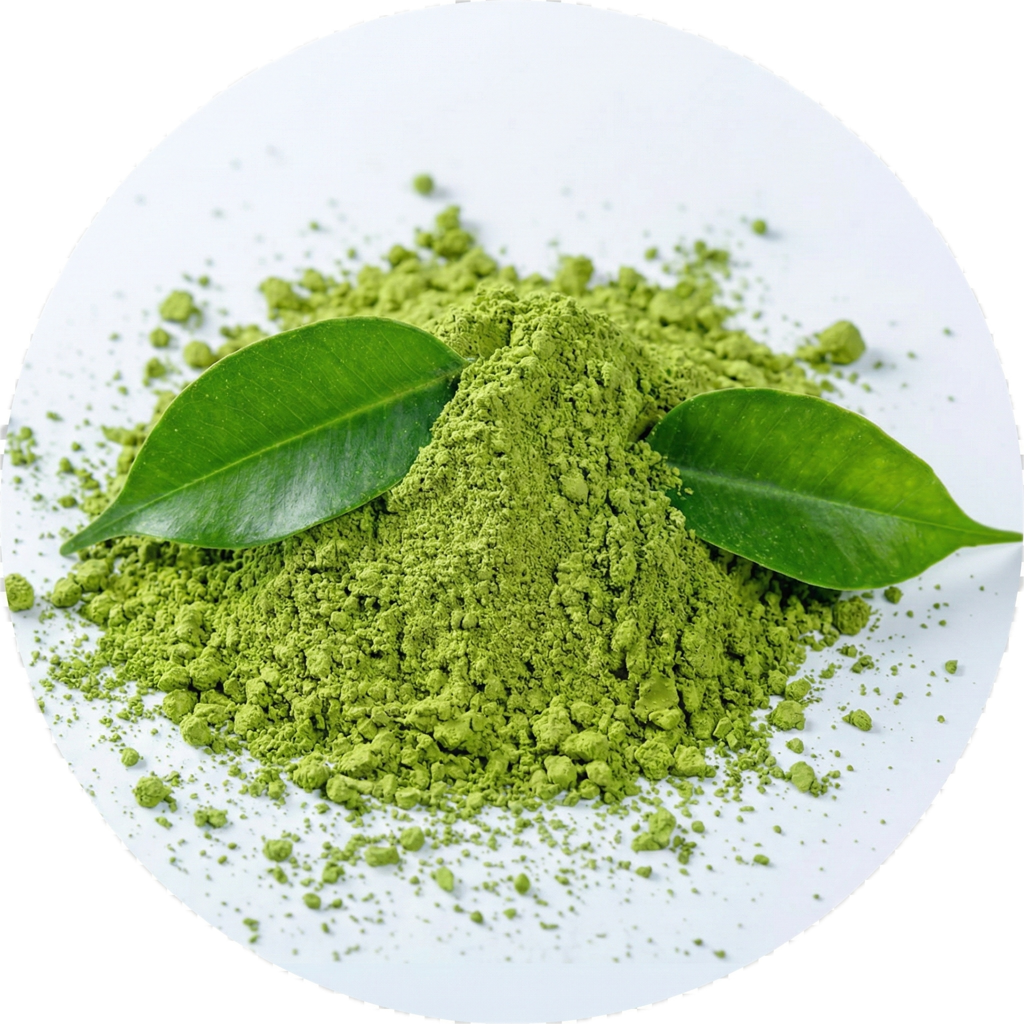 Green L-Theanine powder with two green leaves on a white surface.