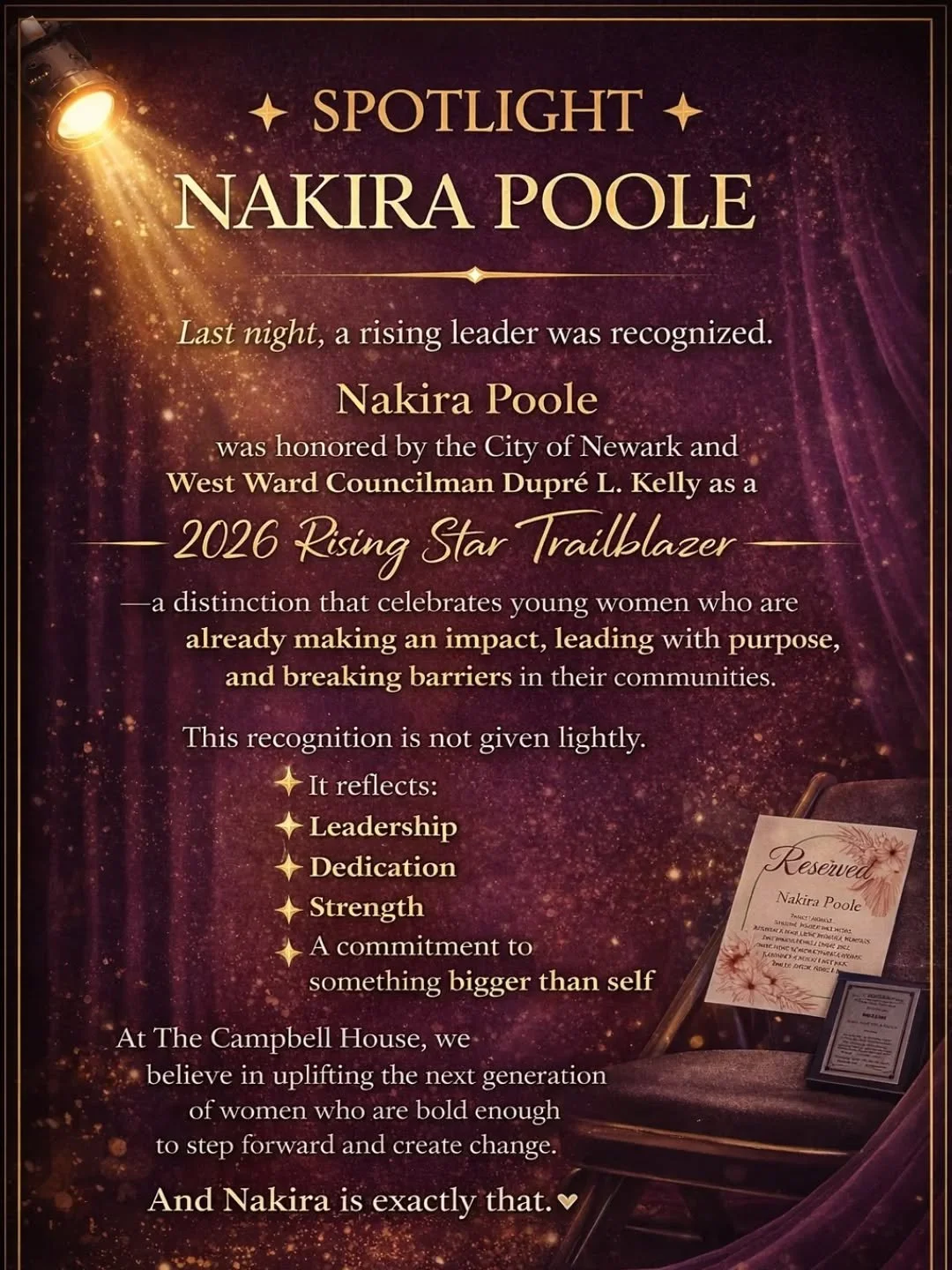 🌟 SPOTLIGHT: NAKIRA POOLE 🌟
Last night, a rising leader was recognized.

Nakira Poole was honored by the City of Newark and West Ward Councilman Dupr&eacute; L. Kelly as a 2026 Rising Star Trailblazer, a distinction that celebrates young women who 