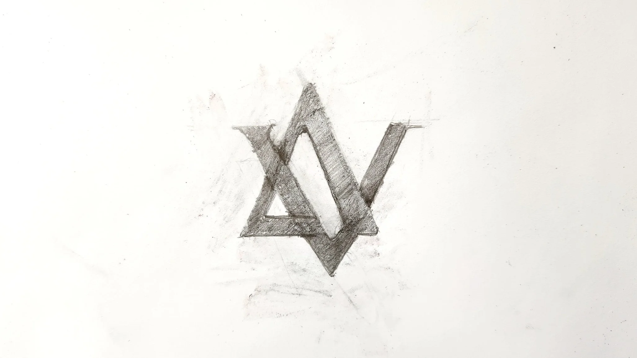 Sketch of a three-dimensional geometric logo with interlocking shapes, the official DeltaVerse symbol, drawn in pencil on white paper.