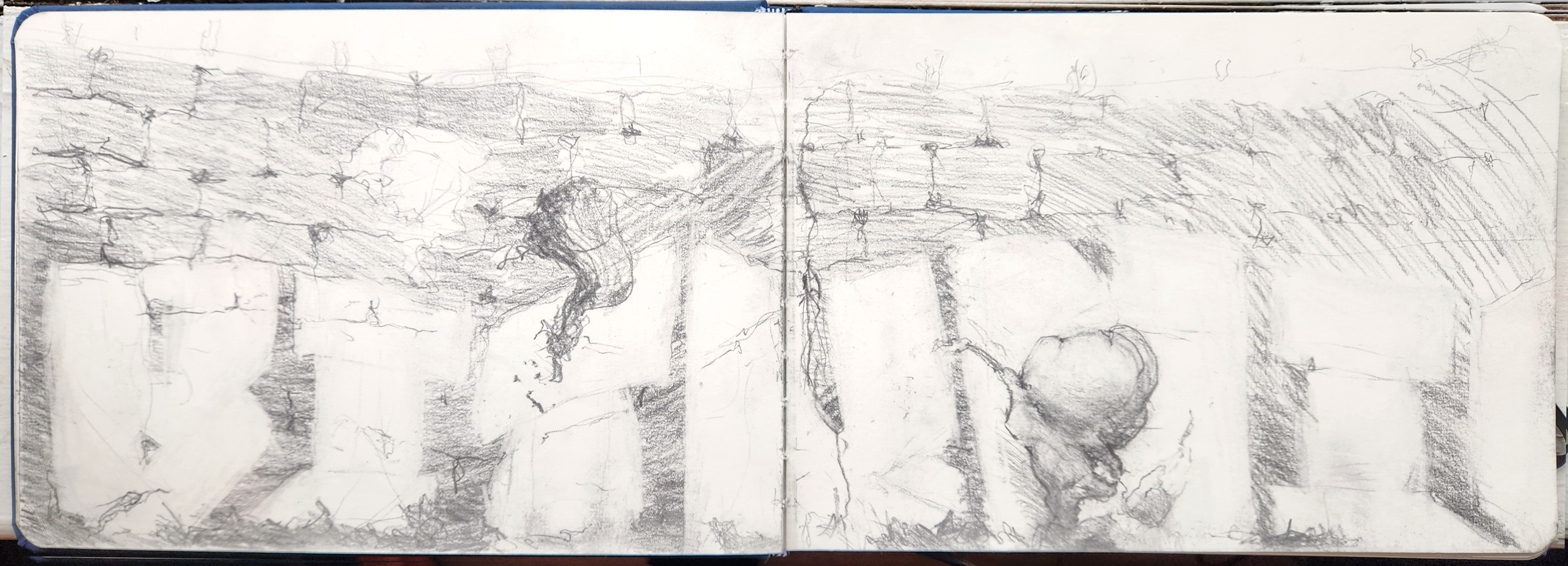 Sketch of a little knight painting his name on a brick wall, drawn with graphite pencil in a sketchbook.