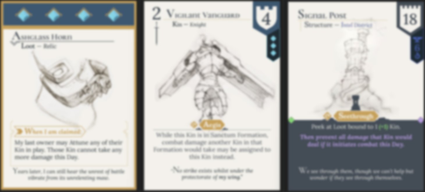A blurred tease of three illustrated game cards with fantasy-themed artwork and text, featuring a Loot card, a Kin card, and a Structure card.