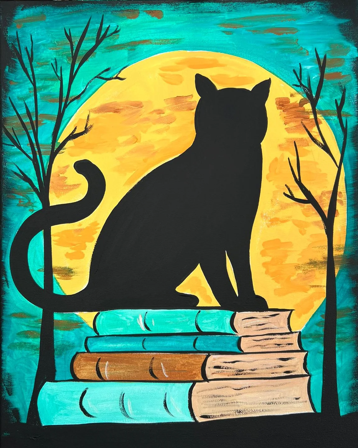 Painting of a black cat silhouette sitting on a stack of books with a large yellow moon in the background, surrounded by leafless trees, in a nighttime scene.