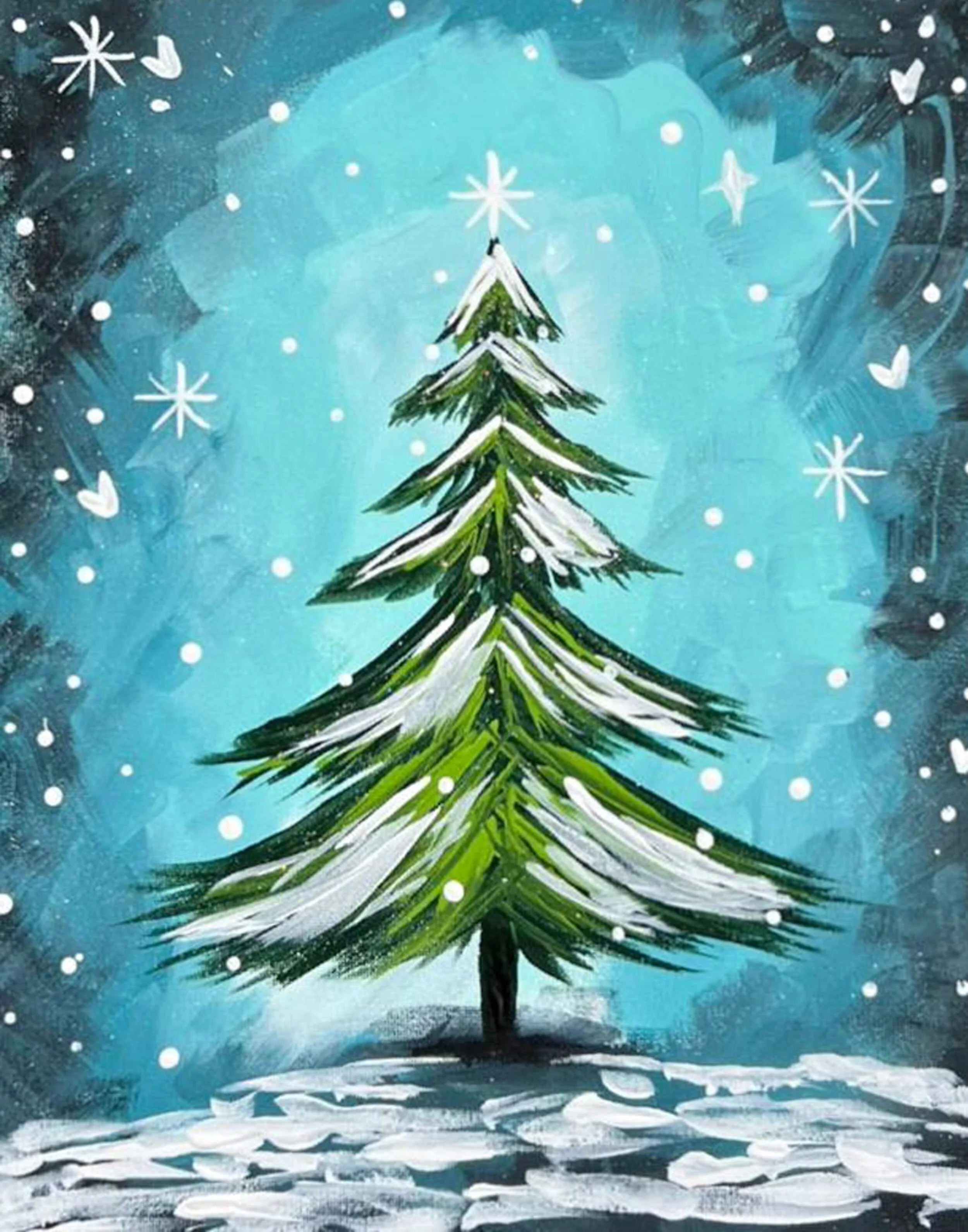 Painting of a snow-covered pine tree with a string of snow on its branches, set against a wintery blue sky with falling snow and snowflakes.