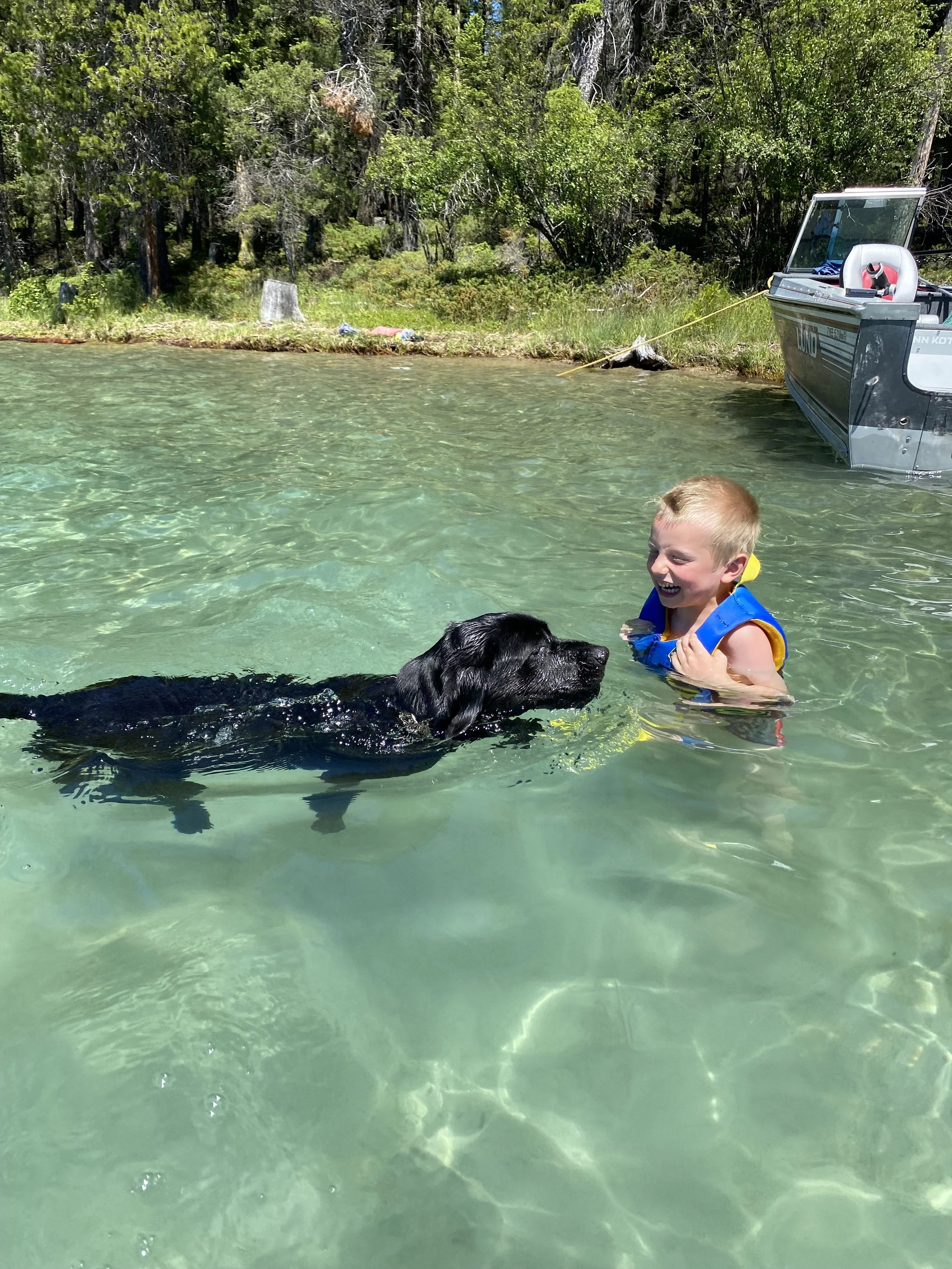 Young boy and black lab swimming together in crystal-clear water, sharing joyful, instinctive connection—capturing Ortho-Bionomy’s emphasis on natural movement, safety, and the healing power of presence and relationship.