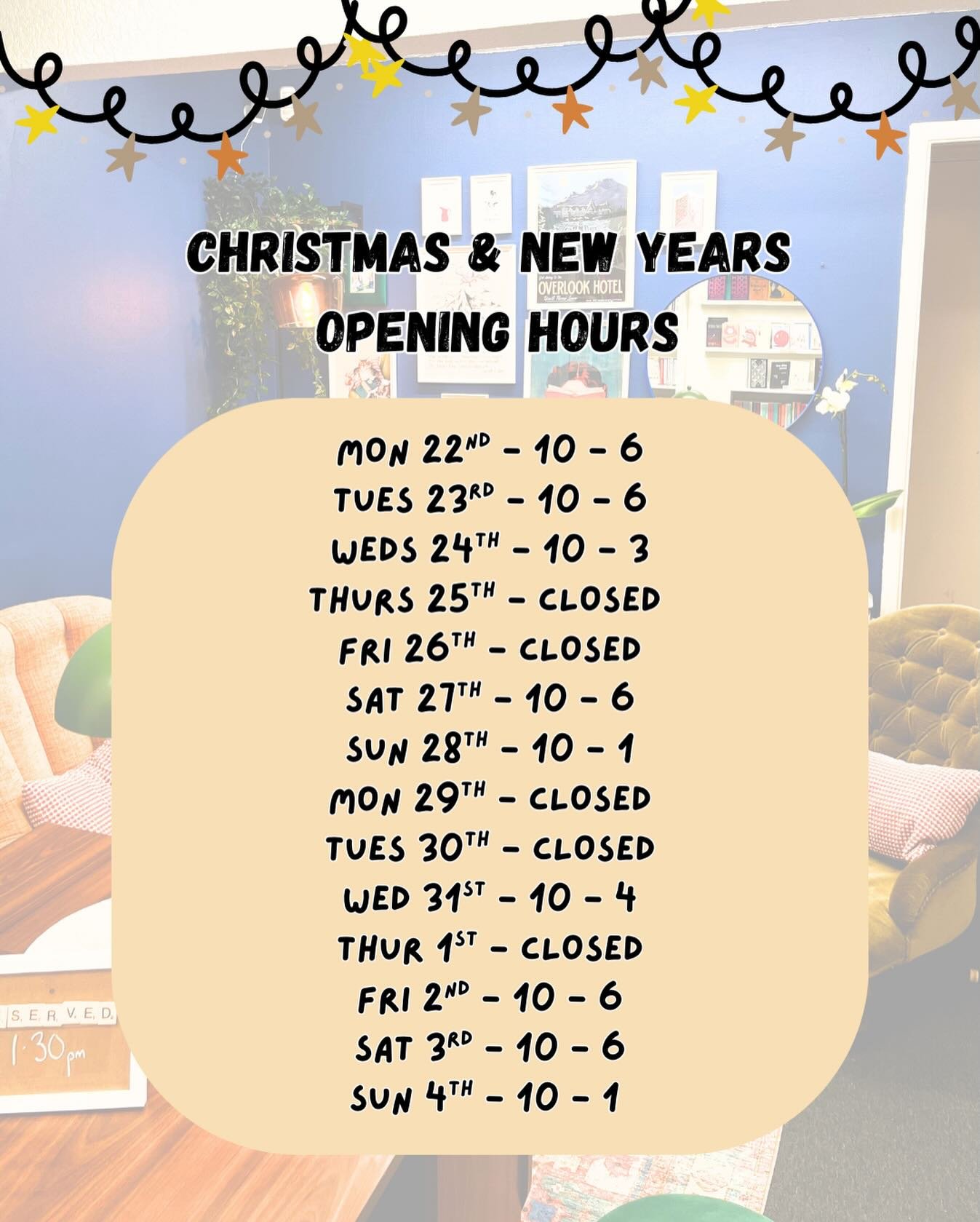 🎄 CHRISTMAS &amp; NEW YEARS OPENING TIMES! 🎄

This week we will be running our regular opening times of 10am-6pm Tues-Sat and 10am-1pm on Sunday. Next week we won&rsquo;t be changing too much, adding in an open Monday next week for any last minutes