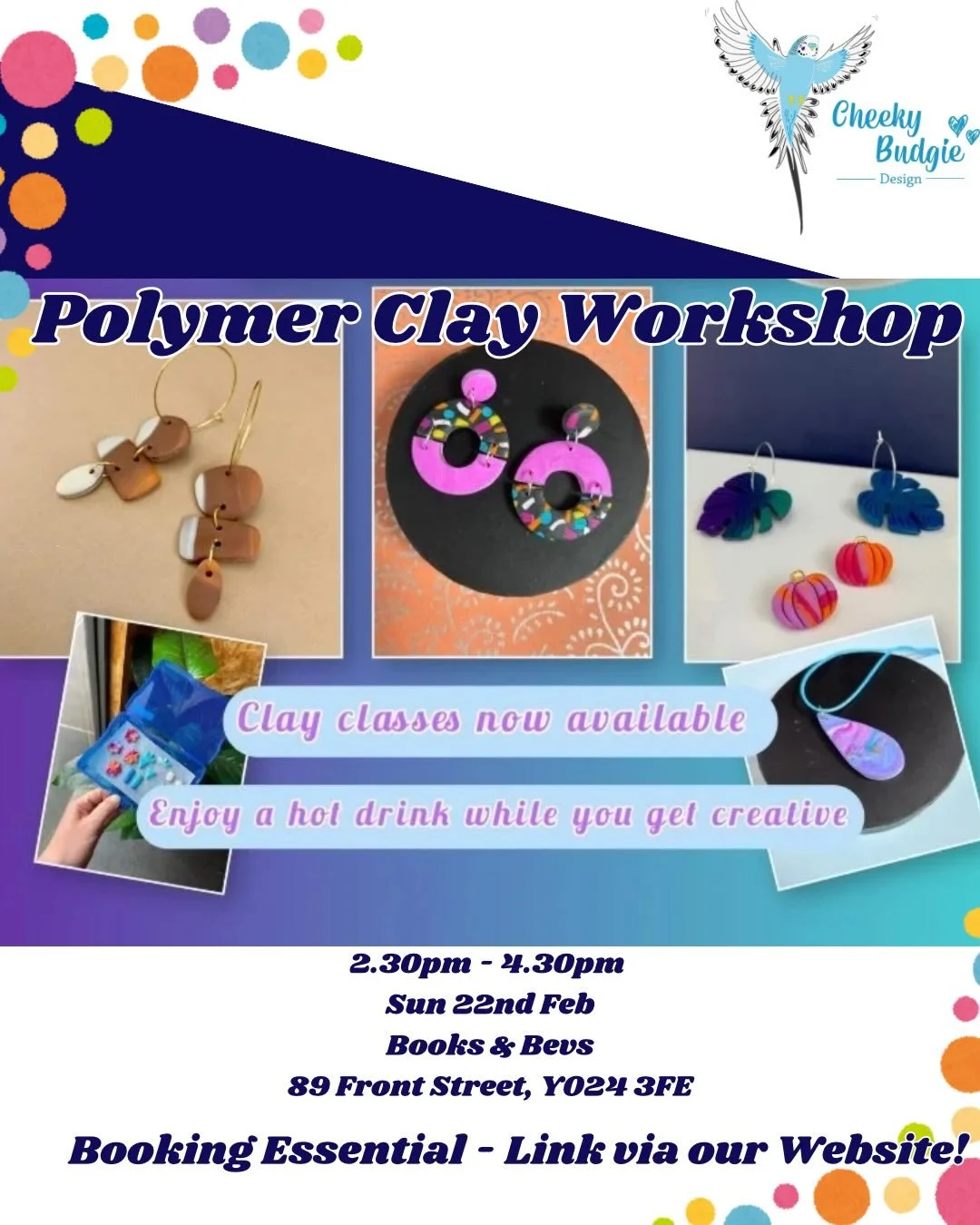 we cannot wait to get creative next month with Faye from @cheeky_budgie_design🫟🌈🤩 join us at Books &amp; Bevs on Sun 22nd Feb for a Polymer Jewellery Workshop - booking is essential, via the Eventbrite link on our websites event page&hellip; have 