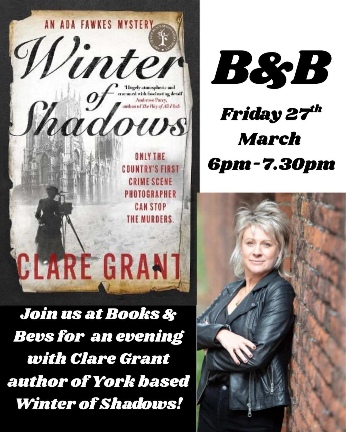 🚨 Friday 27th March 6pm-7.30pm 🚨

We have the pleasure of hosting an evening with Clare Grant, author of the York based mystery Winter of Shadows! A gripping murder mystery set in 1862, featuring the country&rsquo;s one and only crime scene Ada Faw