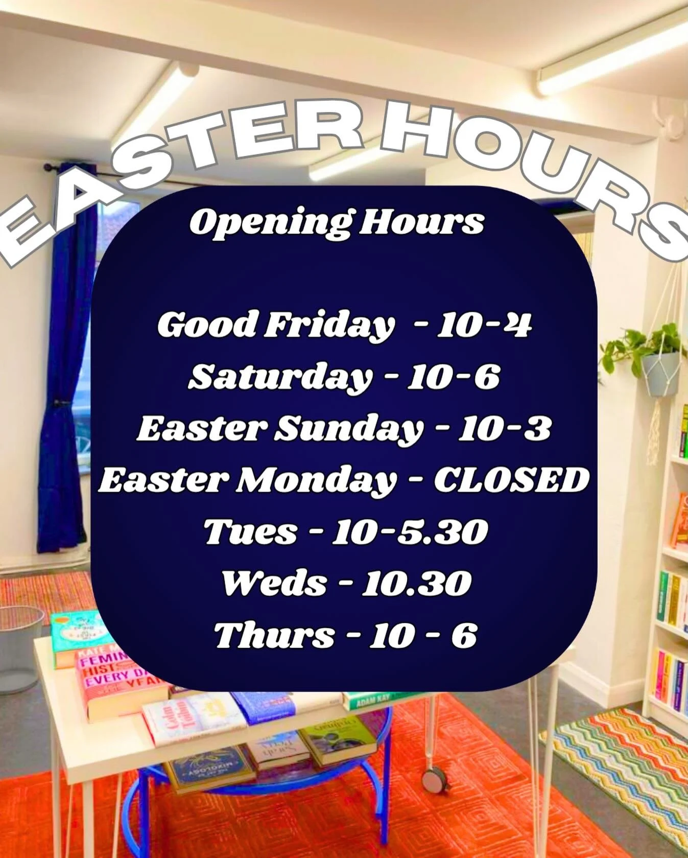 An update on our Easter weekend opening hours! 🐣

Fri 10th and Saturday 11th - 10am-6pm
Sunday 12th - 10am-1pm
Monday 13th - Closed