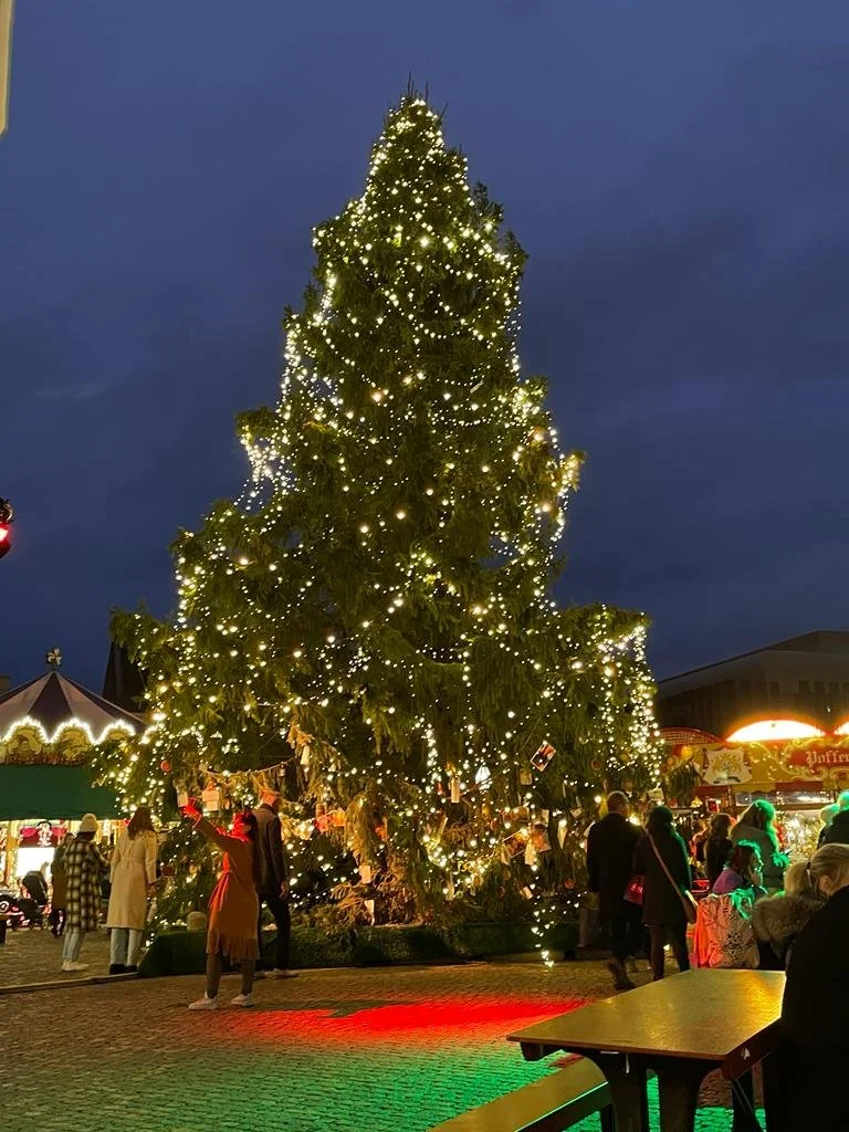 Grote kerstboom versierd met witte lichtjes en ornamenten op een plein met mensen eromheen, tijdens de avond.