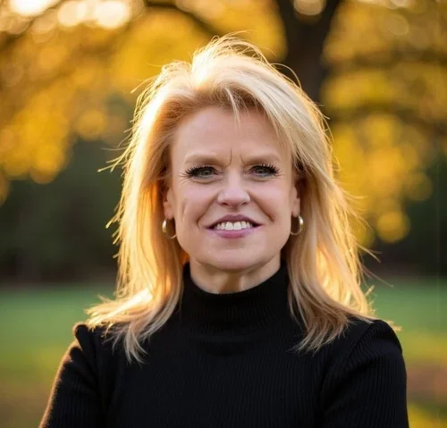 A woman with medium length red hair, wearing a black sweater, smiling against a fall landscape background.