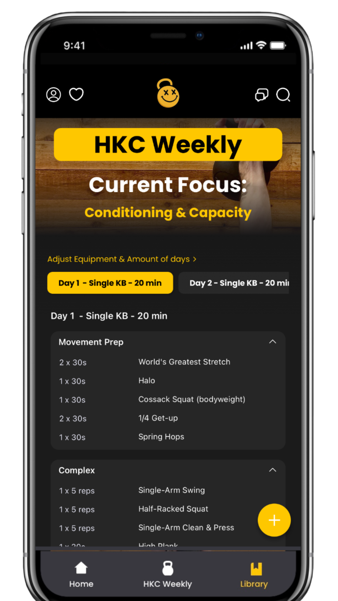 A smartphone screen displaying a fitness app called HKC Weekly, focused on conditioning and capacity workouts. The screen shows a workout plan for Day 1 with exercises like movement prep and complex movements, and options to select different workout days.