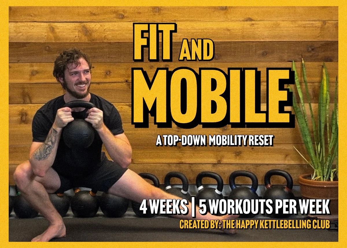 A man holding a kettlebell in a workout studio with a wooden wall background, and text overlay promoting a fitness program called 'Fit and Mobile' for a top-down mobility reset, with details on duration and creator.