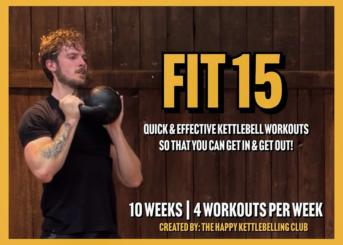 Man lifting kettlebell during workout in a wooden gym setting, promoting a kettlebell workout program.